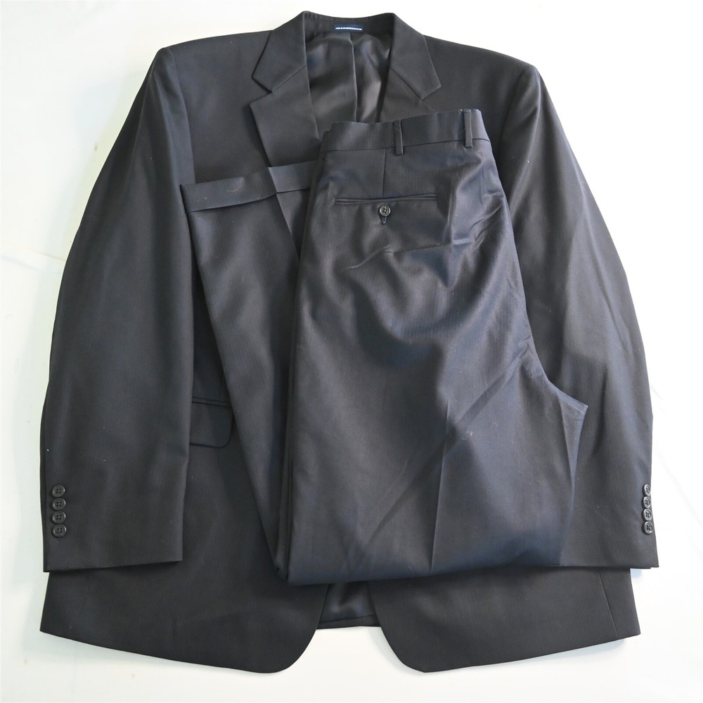 Stafford 46L 38x32‎ Navy Blue Herringbone 100% Wool Mens Jacket Pants Suit